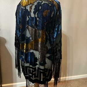 Fringed Kimono with Velvet Bird and Floral Design ONE SIZE